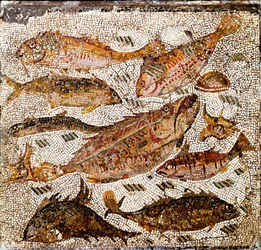 Römische Kunst: Mosaik, das Fische darstellt. 1. oder 2. Jahrhundert n. Chr. Aus der Villa dei Settimii, Via Cassia. Museo Nazionale Romano, Rom