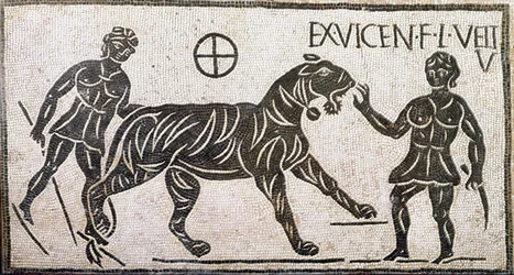 Römische Kunst: „Zwei Frauen zähmen einen Tiger“ (Mosaik aus Castro Pretorio in Rom)