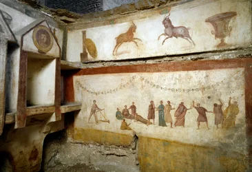Römische Kunst: „junge Leute spielen“ Fresken, die ein Grab an der Via Portuense schmücken. 2. Jahrhundert. Höhe 90 cm Rom, Museo Nazionale Romano (o delle Terme) Italien