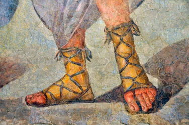 Römische Schuhe mit Schnürung. Detail. Spätes 2. - frühes 3. Jahrhundert (Fresko)