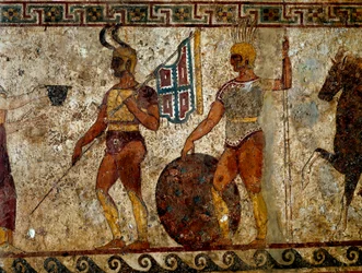 Samnitische Krieger. Grabmalerei aus dem 4. Jahrhundert v. Chr. von der Stätte Paestum, Italien. Maße: 112x199 cm. Inv. 9363. Museo nazionale archeologico, Neapel (Archäologisches Museum von Neapel).