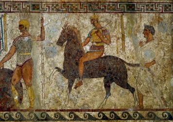 Samnitische Krieger und Reiter, Grabmalerei aus dem 4. Jahrhundert v. Chr., aus dem Gebiet von Paestum, Italien