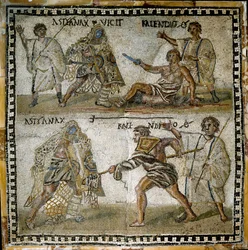 Szene von Gladiatorenkämpfen, zwischen einem Retiarius und einem Secutor, 4. Jahrhundert (Mosaik)