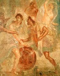 Odysseus und Diomedes erkennen Achilles, verkleidet als die weibliche Pyrrha, unter den Töchtern des Lykomedes in Skyros, aus Pompeji (Fresko)