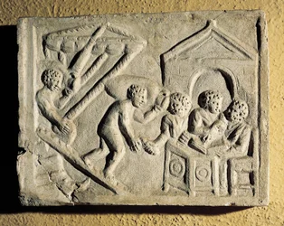 Entladen von Fracht und Hafeninspektionen, Basrelief, Römische Zivilisation