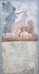 Ein Esel, der einen Löwen durchdringt, wird von der Göttin Victoria gekrönt, darunter ein Graffito mit Gladiatorenkampf, Insignien eines Ladens