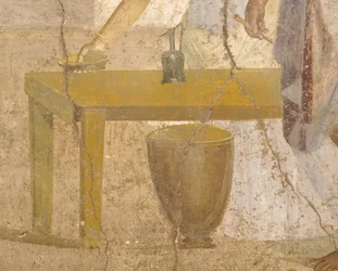 Detail des Freskos, das ein Opfermahl darstellt, Haus der vergoldeten Amorinen, Pompeji, Kampanien, Römische Zivilisation