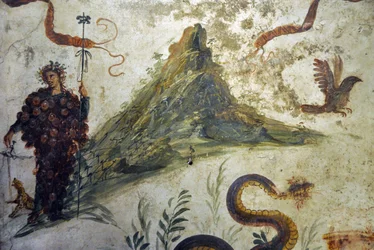 Dionysos, bekleidet mit Trauben, stehend vor dem Vesuv - Fresko aus Pompeji, Casa del Centenario - Neapel, Nationales Archäologisches Museum