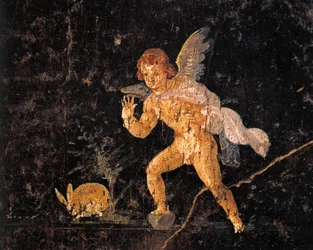 Fresko, das Amor zeigt, der einen Hasen jagt, aus Pompeji, Italien