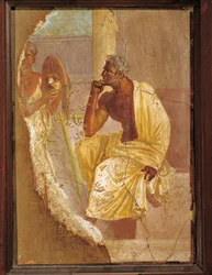 Fresko, das Schauspieler und tragische Maske darstellt, aus Pompeji, Italien