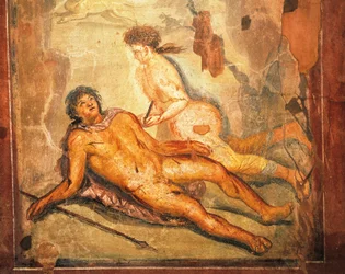 Fresko, das den Mythos von Pyramus und Thisbe darstellt, Haus von Loreio Tiburtino, Pompeji, Kampanien, römische Zivilisation