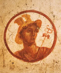 Fresko mit Porträt eines Mannes auf weißem Hintergrund, Haus der alten Jagd, Pompeji, Kampanien, römische Zivilisation