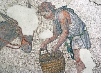 Mosaik, das einen Mann zeigt, der sein Maultier füttert, Arasta-Basar, Sultan-Ahmet-Moschee, Istanbul