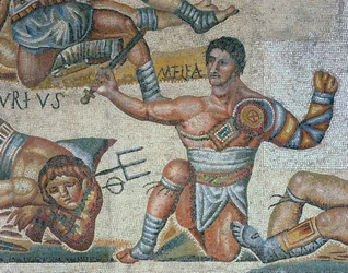 Mosaik mit einer Szene kämpfender Gladiatoren, (Detail) eines triumphierenden Gladiators