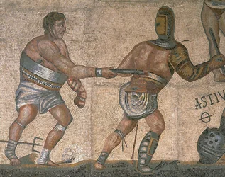 Mosaik mit einer Szene kämpfender Gladiatoren, (Detail) eines Gladiators in Rüstung