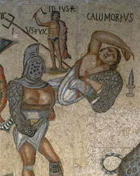 Mosaik mit einer Szene kämpfender Gladiatoren, (Detail) eines Gladiators in Rüstung