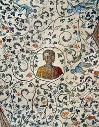 Porträt von Constanza, Tochter von Kaiser Konstantin dem Großen, mit Trauben erntenden Putti (Mosaik)