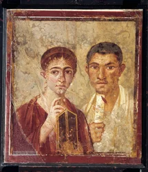 Porträt des Bäckers Terentius Neo und seiner Frau in formeller Kleidung aus Italien, Kampanien, Pompeji, 55-79 n. Chr., Malerei auf Putz