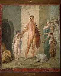Darstellung von Theseus, dem Helden der griechischen Mythologie, der die sieben jungen Männer aus dem Labyrinth befreit, nachdem er den Minotaurus besiegt hat. Fresko aus der Villa de Gavius Rufus in Pompeji. Dim. 88x97 cm Archäologisches Museum von Neapel