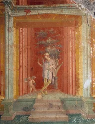 Theaterszene, Fresko (IV. Stil) auf rotem Hintergrund aus dem Haus des Pinarius Cerialis, Pompeji (Unesco-Weltkulturerbe)