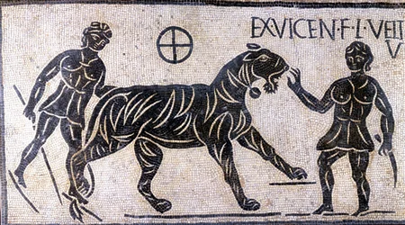 Tigerbändiger in den Mauern des Kolosseums - Römisches Mosaik