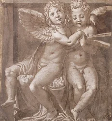 Zwei sitzende Engel singen, nach Polidoro da Caravaggio