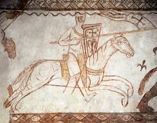 Kreuzzug: Ritter des Templerordens. Romanische Kunst. Fresko der Kapelle von Cressac