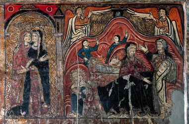 Die Heimsuchung und die Geburt mit den Hebammen Celomi und Salome (Detail)