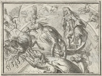 Karikatur, die Ludwig XIV. als Apollo in seinem Streitwagen darstellt, 1701