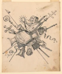 Trophäe mit kirchlichen Objekten, 1830–1850