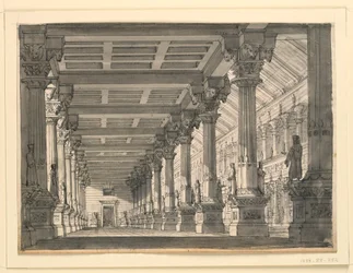 Bühnenbild, Halle in einem babylonischen Palast für die Oper "Ciro in Babylonia" von Gioacchino Rossini