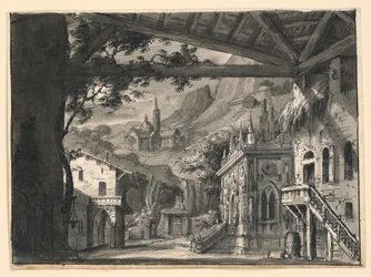 Bühnenbild: Dorf in hügeliger Landschaft, für L
