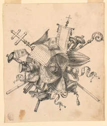 Trophäe mit kirchlichen Gegenständen