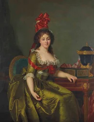 Porträt einer Dame in einem grünen Satinkleid und einer Haube mit roten Bändern