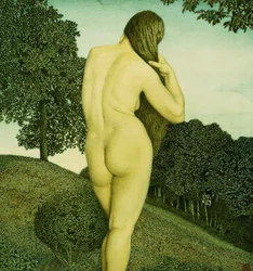 Stehender Akt in einer Landschaft