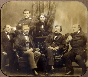 Leo Tolstoi und Dmitri Grigorowitsch - Sitzend, Iwan Alexandrowitsch Gontscharow, Iwan Sergejewitsch Turgenew, Alexander Wassiljewitsch Druschinin und Al