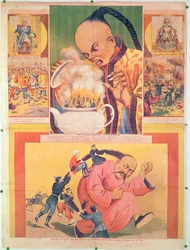 Komisches russisches Plakat, das die Europäer in China satirisiert, gedruckt in Moskau, Russland, 1900