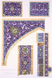Dekorative Fliesenarbeit in Blau, Grün und Creme mit Goldumrissen, veröffentlicht 1905