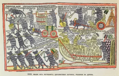 Begräbnisprozession von Mäusen für eine tote Katze, Karikatur über das Begräbnis von Peter dem Großen, 1860
