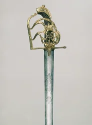 Offiziersbreitschwert mit einem doppelköpfigen Adler und der Figur des Heiligen Georg unter der Kaiserkrone graviert, Griff mit Monogramm von Katharina II. (1729-96) dekoriert, Russland, 18. Jahrhundert