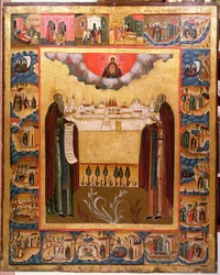 Heilige Zosimus und Sabbatheus von Solovetsk mit Szenen aus ihrem Leben