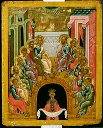 Die Herabkunft des Heiligen Geistes, russische Ikone aus der Sophienkathedrale, Nowgoroder Schule, 15. Jahrhundert