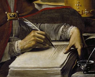 Hände, die mit Federkiel schreiben (Detail)