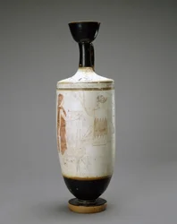 Weißgrundige Lekythos mit junger Frau an einem Grab, 450-440 v. Chr.