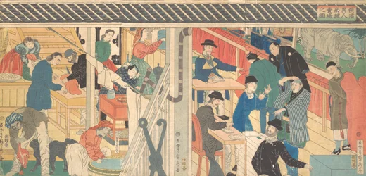 Verkaufsraum im Außenhandelsgebäude in Yokohama, 1861