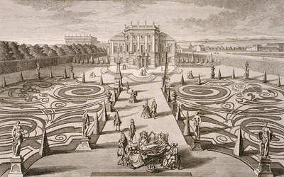 Österreichisches Haus und Garten, graviert von Johann August Corvinus, veröffentlicht um 1730-40