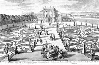 Ansicht eines Gartens und Hauses in Josefstadt, Wien, gestochen von Johann August Corvinus