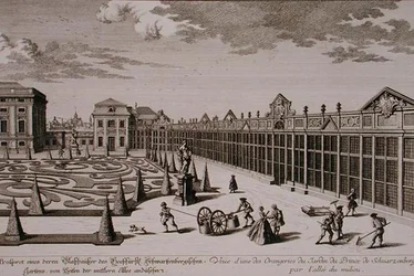 Ansicht einer der Orangerien im Garten des Prinzen von Schwarzenberg, Wien, graviert von Georg-Daniel Heumann, veröffentlicht um 1724-37
