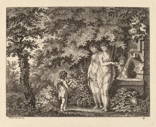 Eros mit drei Mädchen an einem Brunnen