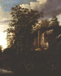 Bewaldete Flusslandschaft mit Bauern bei einem verfallenen Herrenhaus